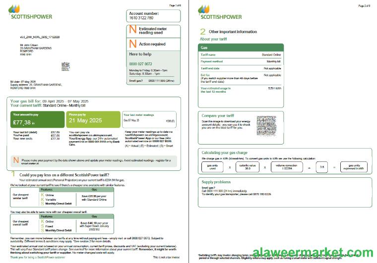 Scotland Scottish Power utility bill template in Word and PDF formats, 6 pages, 1-2 pages